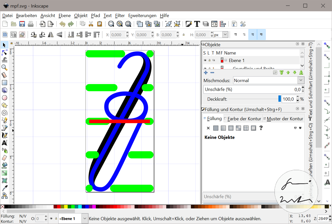 Inkscape mit der SVG-Vorlage der Konsonantenfolge mpf.
