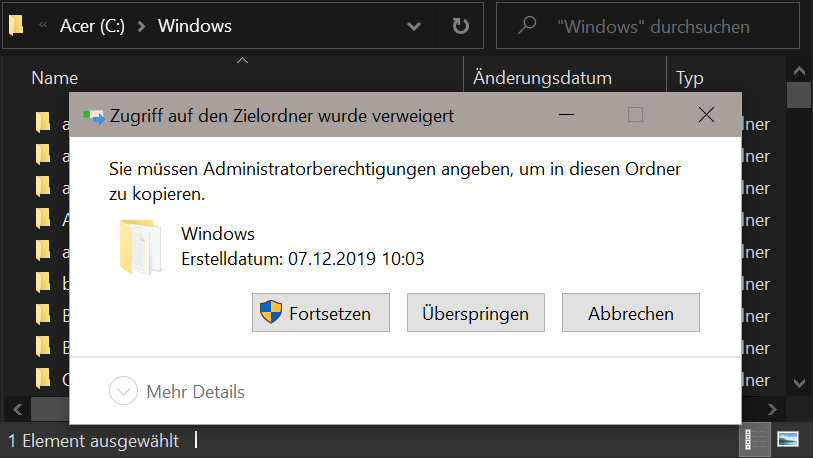 Kopiervorgang im Windows-Verzeichnis bestätigen