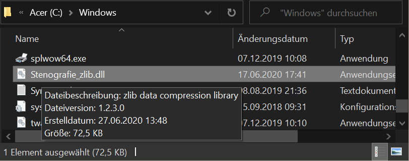 Explorer: zlib.DLL-Datei im Windows-Verzeichnis